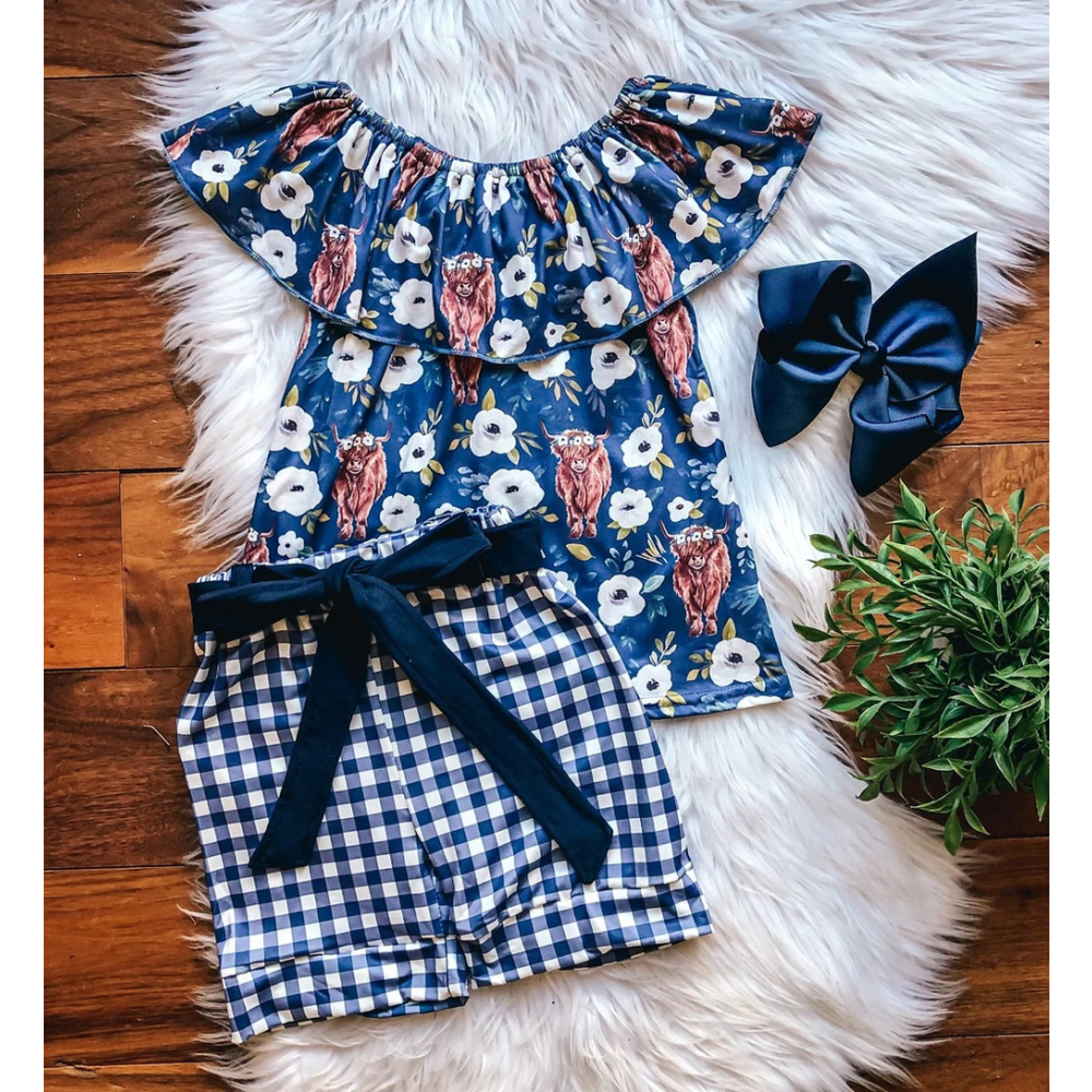 Wellington Designs Sweet Highland Cow Shorts Set, Sz 5/6 NWT